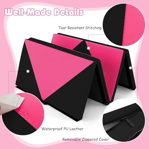 Goplus Gymnastics Mat, Folding Tumbling Mat with Carry Handles, Hook & Loop Fasteners, 4 Panels for Fitness Exercise Yoga Stretching Aerobics Workouts, Thick Gym Mats for Home - color: Rose&Black