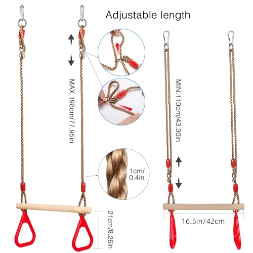 PELLOR Playground Children's Wooden Trapeze Swing Bar with Plastic Gym Rings Swing Set for Indoor & Outdoor Fun - color: Red