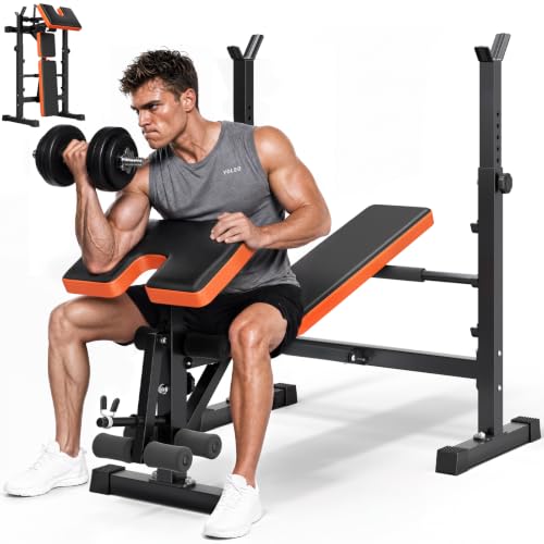 YOLEO Foldable Weight Bench for Small Home Gym, 6-in-1 Adjustable Workout Bench with Squat Rack, Compact Strength Training Equipment for Apartment & Garage Workouts
