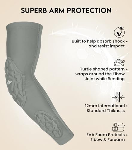 Compression Padded Arm Sleeves for Youth & Adults - Elbow & Forearm Support - Breathable Football Padded Sleeves - color: Grey, size: Adult Small