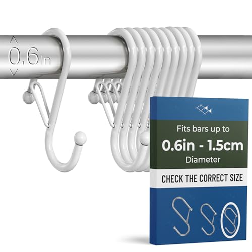 10-Pack Metal S Hooks for Hanging – Heavy-Duty S-Shaped Hooks with Safety Buckle – Fits Bars up to 0.6 in – Anti-Drop Hooks for Kitchen, Pot Racks & Towel Bars – White (Small) - color: White, size: Small - 0.6In Diameter