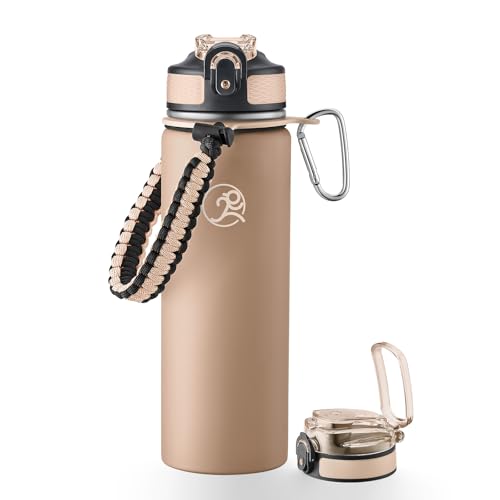 GOSWAG 24oz Insulated Stainless Steel Travel Water Bottle, 2 Lids | with straw and no straw, Paracord handle, Double-wall vacuum keeps drinks cold or hot, Leakproof tumbler - color: Matte Latte Brown