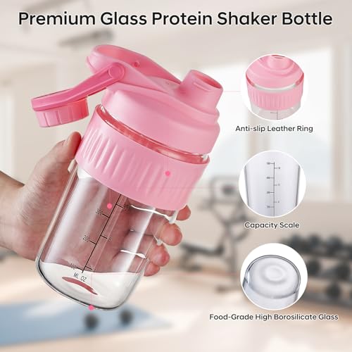 16oz Glass Shaker Bottle for Protein, 2 Pack Small Borosilicate Glass Protein Powder Leak-Proof Shaker Cup Mixes with 304 Blending Ball(16oz,Pink) - color: 2 Pack-Pink, size: 16oz