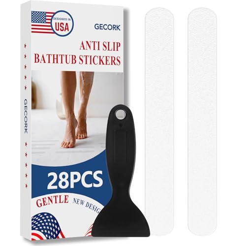 Gecork 28 PCS Bathtub Non Slip Stickers with Strong Adhesive, Invisible Anti Slip Shower Strips with Scraper for Bath Tub, Shower Floor, Stairs