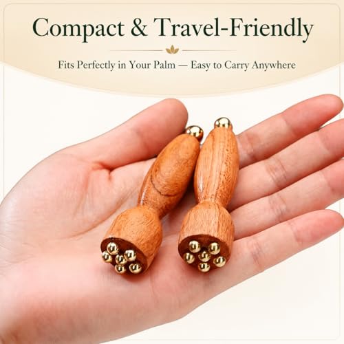 Eye Roller for Puffy-Looking Eyes, 2Pcs Facial Massage Tool with Rosewood Handle and Copper Beads, Eye Massage Stick for Face Self Care - color: Mahogany Brown