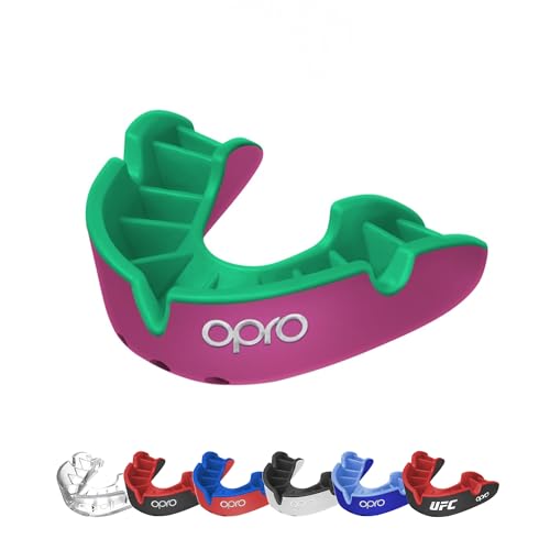 OPRO Silver Level Moldable Mouth Guard Essential Fit (Pink/Green) Kids Youth Boxing Mouthguard for MMA & Impact Sports, Easy Self-Fit Mouth Guard for Sports, Football & Hockey - Includes Case - color: Pink/Green, size: Youth (Under 10)