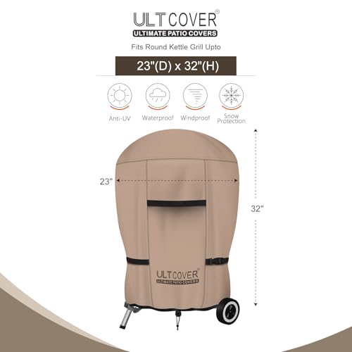 ULTCOVER Outdoor Waterproof Charcoal Kettle Grill Cover for Most 18 inch Round Smoker Size Up to 23” Dia x 32” H - color: Brown-Round, size: 23” Dia x 32” H