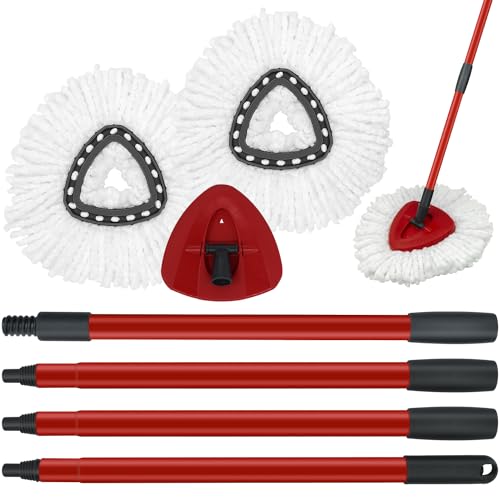 Mop Replace Heads Mop Handle and Base Replacement for O Cedar EasyWring 1-Tank Spin Mop System, 2 Microfiber Mops Refills, 4-Section Iron Mop Handle 30-58Inch and 1 Mopping Heads Cover Set (No Bucket) - color: 1 Sets Mop Handle + 2 White Heads + 1 Base