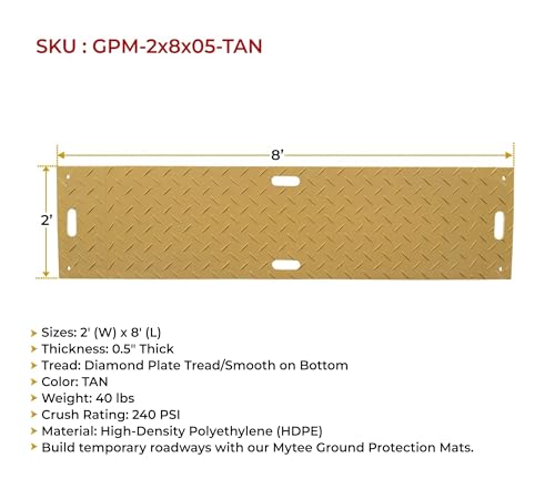 Mytee Products 2' x 8' Tan Ground Protection Mats with Diamond Plated Tread Design - High Density Polyethylene Mat, Easily Supports 50 Ton Loads on Lawns, Dirt, and Any Other Areas - color: Tan, size: 1 - Pack