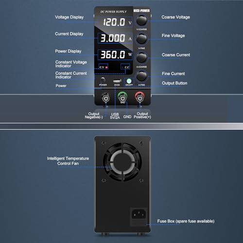 NICE-POWER DC Power Supply Variable 120V 3A, Adjustable Switching Regulated DC Bench Power Supply with Output Switch High Precision 4-Digit LED Display, Benchtop Lab Power Supplies with 5V/2A USB Port - size: 120V 3A