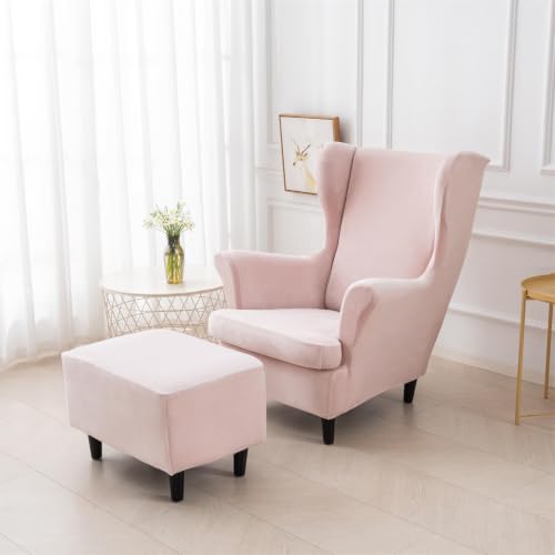NILUOH Thick Velvet Wingback Chair Slipcovers 2-Piece, Stretch Wing Chair Covers Soft Sofa Slipcover Wing Back Armchair Cover Furniture Protector for Living Room - color: Light Pink