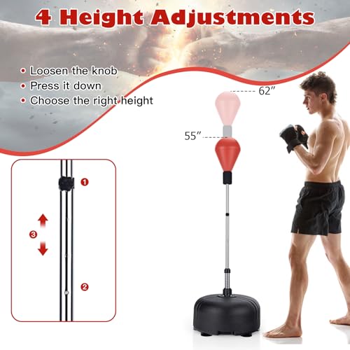 Goplus Punching Bag with Stand for Adults, Freestanding Reflex Speed Bags with 55’’-62.5’’ Adjustable Height, Boxing Equipment with Gloves for Home Gym Workout MMA Training, Fitness - color: Red+Black