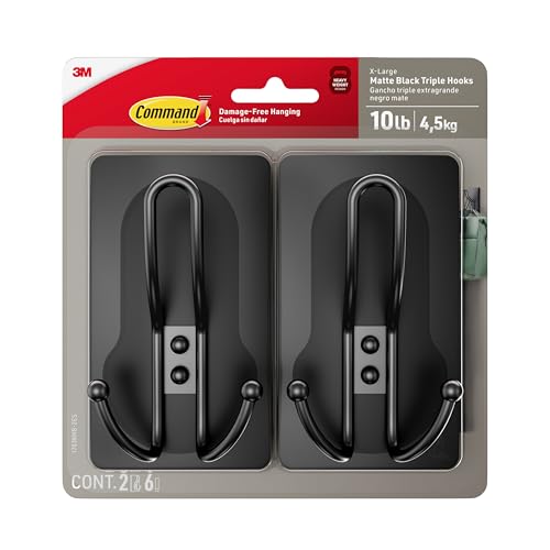 Command X-Large Matte Black Triple Hook, 2 Hooks, 6 Strips, Damage-Free Hanging with Adhesive Strips, No Tools Wall Hook for Hanging Decorations in Living Spaces - style: 2-Pack