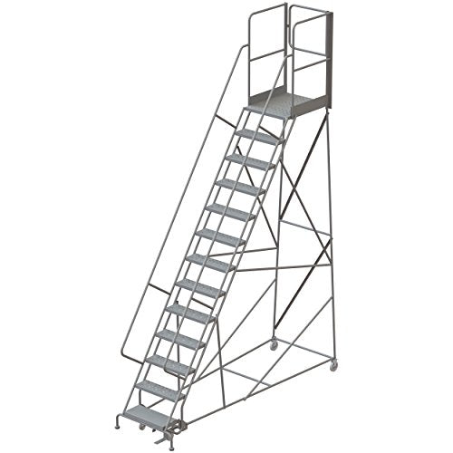 Tri-Arc RWSR113246-XR 13-Step Gateway Rear-Exit Steel Rolling Ladder with 30" Deep Top Platform, Perforated Tread with Handrails, 24" Wide Steps, Gray - size: 13-Step, style: Perforated Tread