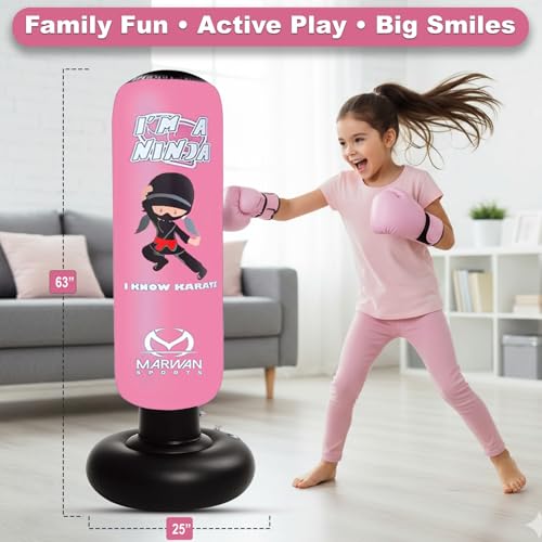 Marwan Sports Ninja Kids Punching Bag — Inflatable Sensory Toy & Birthday Gift for Boys & Girls Ages 4-12, 63" Freestanding 5-in-1 Kit, Indoor Apartment-Quiet Sensory-Friendly Active Play - color: Pink