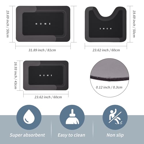 Housego Absorbent Bath Mat, Quick Dry Bath Rug, Non-Slip, 3PCS, Black | 3PCS Absorbent Bath Mat Magic Rug Sets; Quick Drying Bath Mat Non-Slip Floor Rug Rubber Backed for Bathroom Kitchen Shower - color: Black, size: 3 PCS
