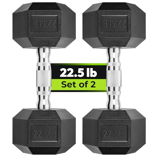 HANDBODE Hex Dumbbell Set of 2, Rubber Encased Fixed Dumbbells, 2.5-65 lb | Non-Slip Comfortable Handles, Hand Weights for Strength Training, Ideal for Home Gym Workouts - size: 22.5 lb, Pair, style: Chrome Handle