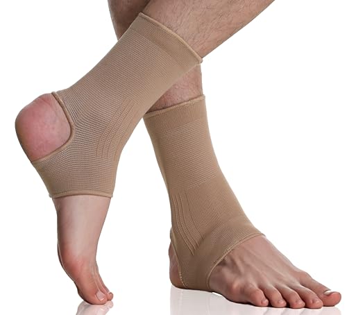 NeoTech Care Ankle Support Sleeve - Open Heel, Light, Elastic & Breathable Knitted Fabric - Medium Compression - For Men, Women, Kids - Right or Left Foot (Beige Color, Size L, 1 Pair) - color: Beige, size: Large (1 Pair)