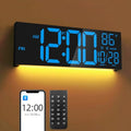 16.5" Digital Wall Clock with Bluetooth Auto-Sync, Large LED Display, Smart Auto Dimming, DST, Remote Control, Night Light, Date & Temperature for Living Room,Black - color: Balck-blue