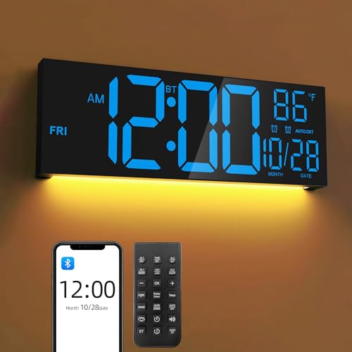 16.5" Digital Wall Clock with Bluetooth Auto-Sync, Large LED Display, Smart Auto Dimming, DST, Remote Control, Night Light, Date & Temperature for Living Room,Black - color: Balck-blue