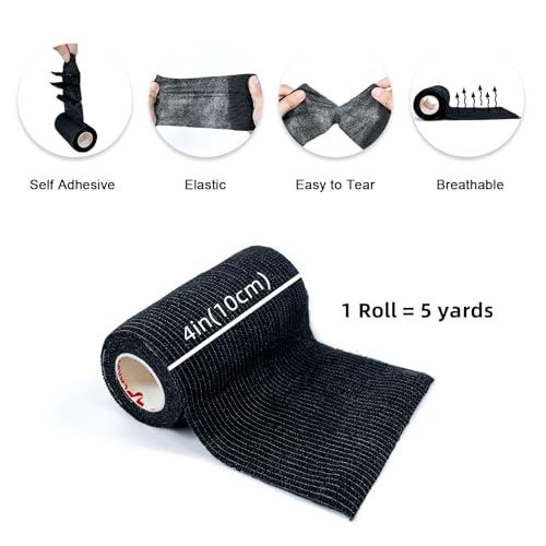 [8 Pack 4" x 5 Yards] Black- Self Adhesive Cohesive Bandage Wrap, Self Adherant Non-Woven Wrap Rolls, Atheletic Tape for Wrist, Ankle, Hand, Leg, Premium-Grade Medical Stretch Wrap - color: Black, size: 8 Count (Pack of 1)