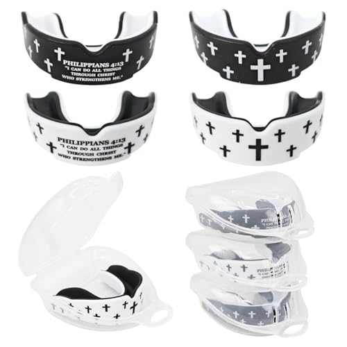 Piemow 4 Pcs Mouth Guard, Religious Faith Cross Sports Mouthguard with Case | Mouth Guards Braces for Football Boxing Basketball Lacrosse Hockey and All Contact Sports - color: Black/White