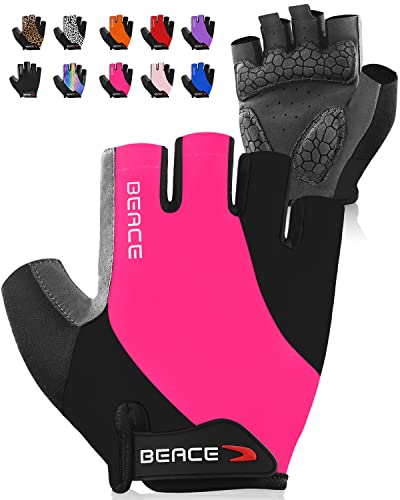 BEACE Gloves for Cycling Bike Biking Half Finger Road Bicycle for Men and Women-5MM Breathable Anti-Slip Shock-Absorbing Pad Gym Motorcycle Light Weight Mountain Bike Gloves - color: Rose Red, size: Medium