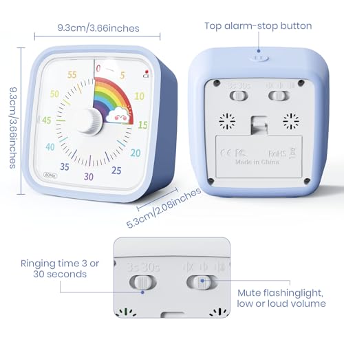 Yunbaoit Rainbow Visual Timer for Kids, 60-min Countdown Timer, Light Blue | Protective Case, No Ticking, Mute and Ringing Alarm Available, Time Management Tool, Low Power Reminder, for Study,Game,Work - color: Light Blue Rainbow