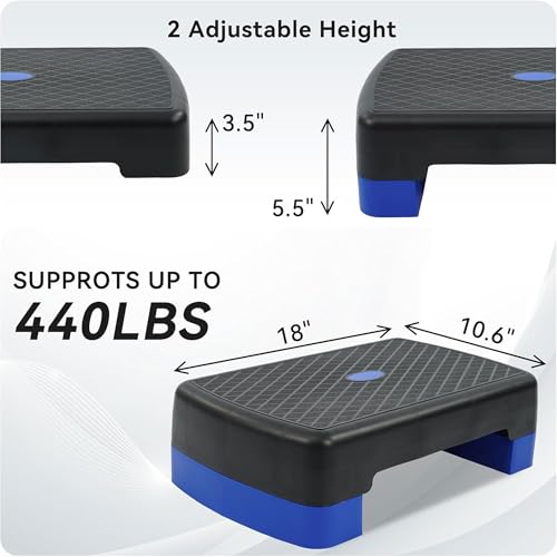 Fitvids Aerobic Step Platform Trainer with Adjustable 2-Level Risers, 400 Pound Weight Capacity – Non-Slip Exercise Stepper for Cardio, Strength, and Fitness Workouts, 18-Inch, Multiple Colors - color: Black and Blue