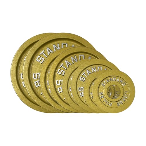 Gold Finish Olympic Steel Plates - Pairs and Sets 2 Inch Barbell Standard in Premium Gold for Weight Lifting - color: 85lb Set