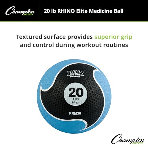 Champion Sports Rhino Elite Medicine Ball – Textured Surface, Superior Grip, Hollow Synthetic Rubber for Consistent Bounce & Durability, Multiple Weights & Colors - Optional Rebounder Sold Separately - style: 20 Pounds - Blue