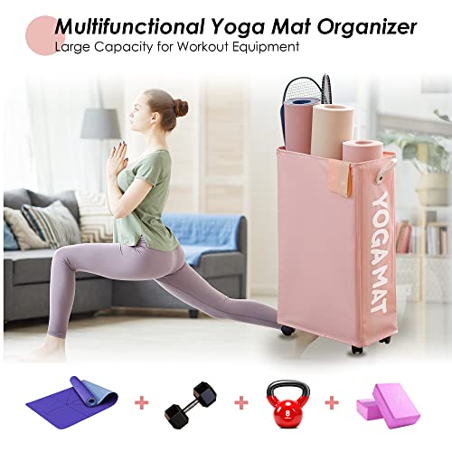 Caroeas Yoga Mat Storage Rack, Yoga Mat Holder Accessories, Home Gym Equipment Storage Yoga Mats, Women Men Workout Equipment Organization with Wheels - color: Pink/22'', size: 22'' Large