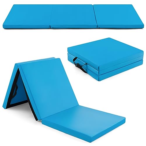 Goplus Folding Gymnastics Mat, 6’ x 2’ x 2’’ Thick Tri-Fold Exercise Tumbling Mat w/Carrying Handles, Hook & Loop Fastener, Gym mats for Home Fitness Yoga Aerobics Workouts Martial Arts - color: Blue