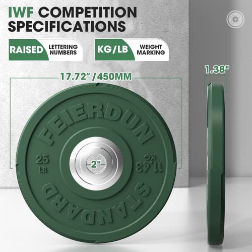 FEIERDUN Color Bumper Plate Set, 2-Inch Olympic Weight Plates, Low Bounce Rubber Barbell Plates with Stainless Steel Insert for Weightlifting, Strength Training, CrossFit & Home Gym, 10LB-370LB - style: C) 25LBS Pair