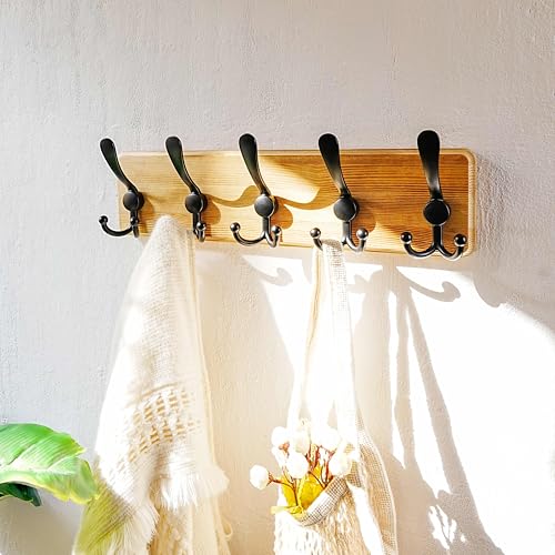Dseap Coat Rack Wall Mount - Heavy-Duty Robust Rustic Wooden Wall Coat Hanger Hook Rail with 5 Triple Hooks for Winter Jacket & Hat Clothing, Light Brown & Black - color: Light Brown & Black, size: L=17.4"