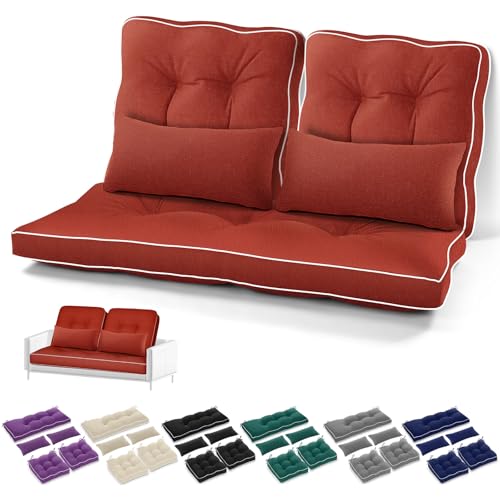 Chunful Set of 5 Outdoor Bench Cushions Set 44 x 19 Inch Tufted Waterproof Patio Furniture Seat Pad with Throw Pillows Loveseat Cushion for Square Settee Indoor Sofa Wicker Couch(Wine Red) - color: Wine Red