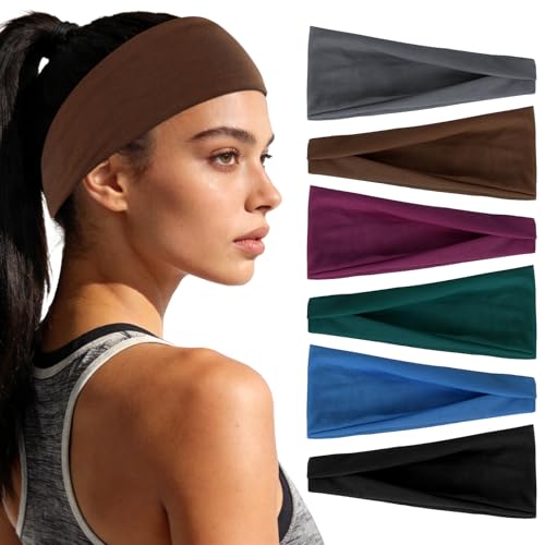 YARIEW 6Pcs Headbands Paisley Bandanas Head Bands Sweat Band Hair Wrap Headwrap Fashion Boho Wide Thick Workout Yoga Elastic Headbands Mens Cooling Running Sports Headband Sweatbands for Women and Men - color: Dark Gray, Brown, Maroon, Light Blue, Dark Gr