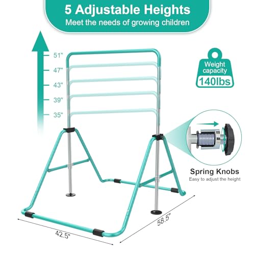 SHIWEI Gymnastics Bar for Kids, Gymnastic Kip Bar 5-Height Adjustable Home | Foldable, Indoor Outdoor Use, 140lb Capacity, for Ages 3-8, with Gymnastics Rings, Anti-Slip & Space-Saving Design - color: Green