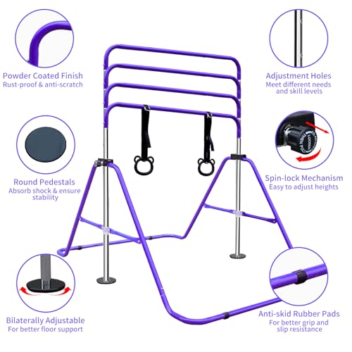 Gymnastics Bars for Kids with Rings, Junior Kip Training Bars Equipment for Home, Folding Height Adjustable Horizontal Bars - color: Purple