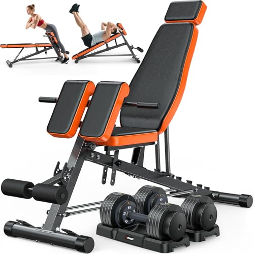 XDDIAS Roman Chair, Adjustable Weight Bench Back Extension Machine for Home Gym, 1000LBS All-in-One Sit Up Bench with Dumbbell Rack, Incline, Decline, and Flat Bench for Hyperextension, Core, Glute - color: Black+a pair of 55LB Dumbbells