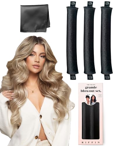 Grande Heatless Curls Overnight Rods - Upgraded Directional Grip Velvet - No Heat Hair Curlers to Sleep, Jumbo Large Hair Rollers Flexible Curling Rods Set for Long Thicker Coarser Hair Blowout Look - color: Black