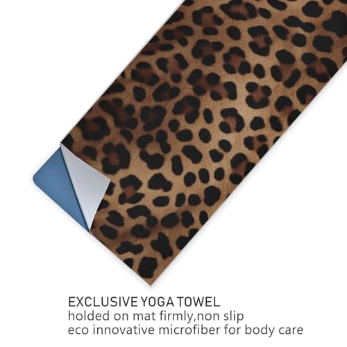 Leopard Print Yoga Mat Towel, Sweat Absorbent Hot Yoga Towel with Non Slip Grip, Soft Yoga Blanket with Travel Bag for Workout, Gym, Pilates, Fitness - 73" x 27"