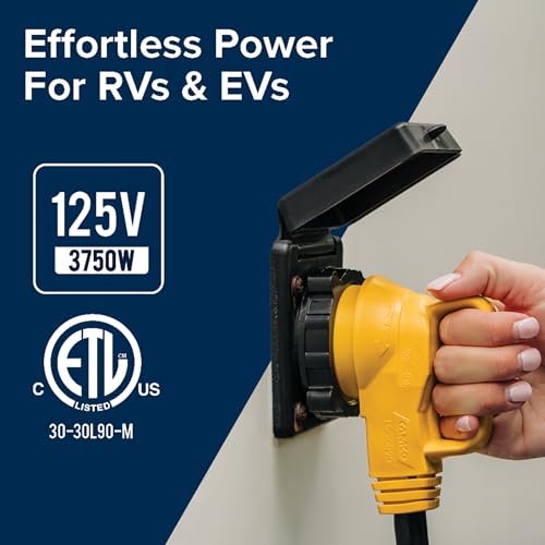 Camco Power Grip 50-Ft 30 Amp RV Extension Cord w/ 90° Heads Locking End -Features NEMA TT-30P Male & L5-30R Locking Female Connectors - Rated for 125V/3,750W - 100% Copper 10-Gauge Wire (55525) | 50 Ft, Nema Tt-30p to L5-30r Locking, 100% Copper 10 Awg,