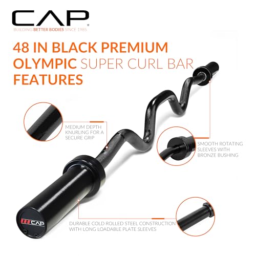 CAP 48" Olympic Super Curl Bar | Heavy Duty Solid Steel, 500 lb Capacity - color: Black, style: Elite