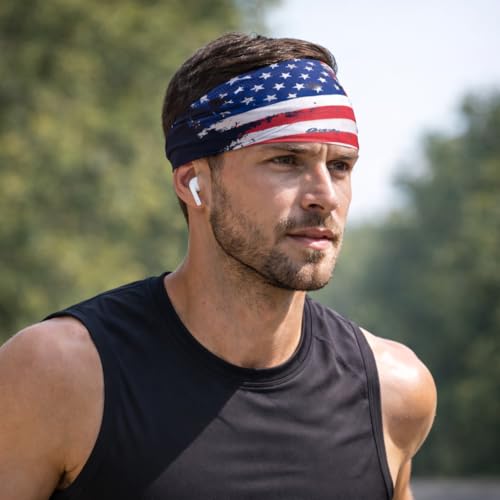 Halo Headband Bandit - 4" Wide Pullover Sweatband Running Headband Men Women Absorbent Soft Comfortable.Channels Sweat Out of Your Eyes Keeps Hair in Place No-Slip - color: USA Flag