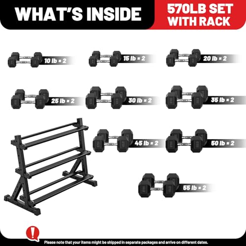 PAPABABE Dumbbell Set with Rack Dumbbells Rubber Encased Home Gym | PAPABABE Complete & Durable Cast Iron Core Odorless PVC Antiroll Hex Shape Ergonomic Chrome Handle Versatile Home Gym - size: 570LB with 3-Tier Weight Rack