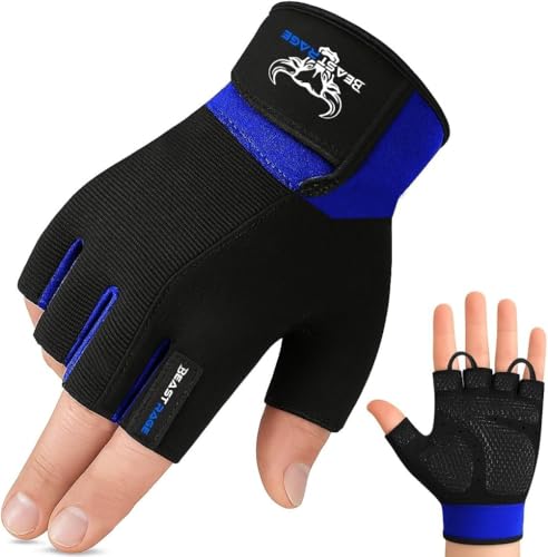 BEAST RAGE Workout Gloves for Men, Durable Palm Grip Gym Gloves Women Half Finger Elasticated Training Weight Lifting Strength Bodybuilding Anti Slip Cycling Gloves Exercise - color: Blue, size: Large