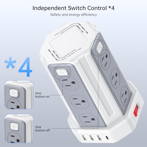 Power Strip 10 Ft Extension Cord with 12 AC Multiple Outlets 4 USB (1 USB C), SMALLRT Power Strip Tower Desktop Charging Station for Home Office College Dorm Essentials - color: White, size: 10 ft PD20W