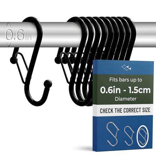 10-Pack Metal S Hooks for Hanging – Heavy-Duty S-Shaped Hook with Safety Buckle – Fits Bars up to 0.6 in – Anti-Drop Hooks for Kitchen, Pot Racks & Towel Bars – Black (Small) - color: Black, size: Small - 0.6In Diameter