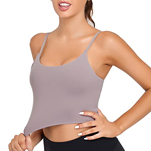 Lemedy Women Padded Sports Bra Yoga Tank Top | Light Support, Longline, Fitness Workout Running Shirts, Removable Pads, Spaghetti Straps, for Women - color: Lavender Grey, size: Small